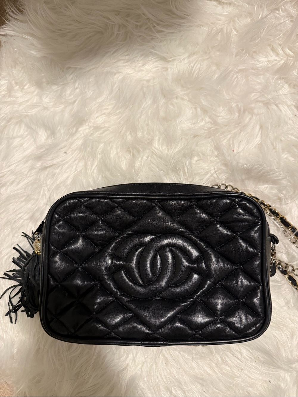 CHANEL Vintage Black Quilted Lambskin Crossbody Camera Bag with Chain